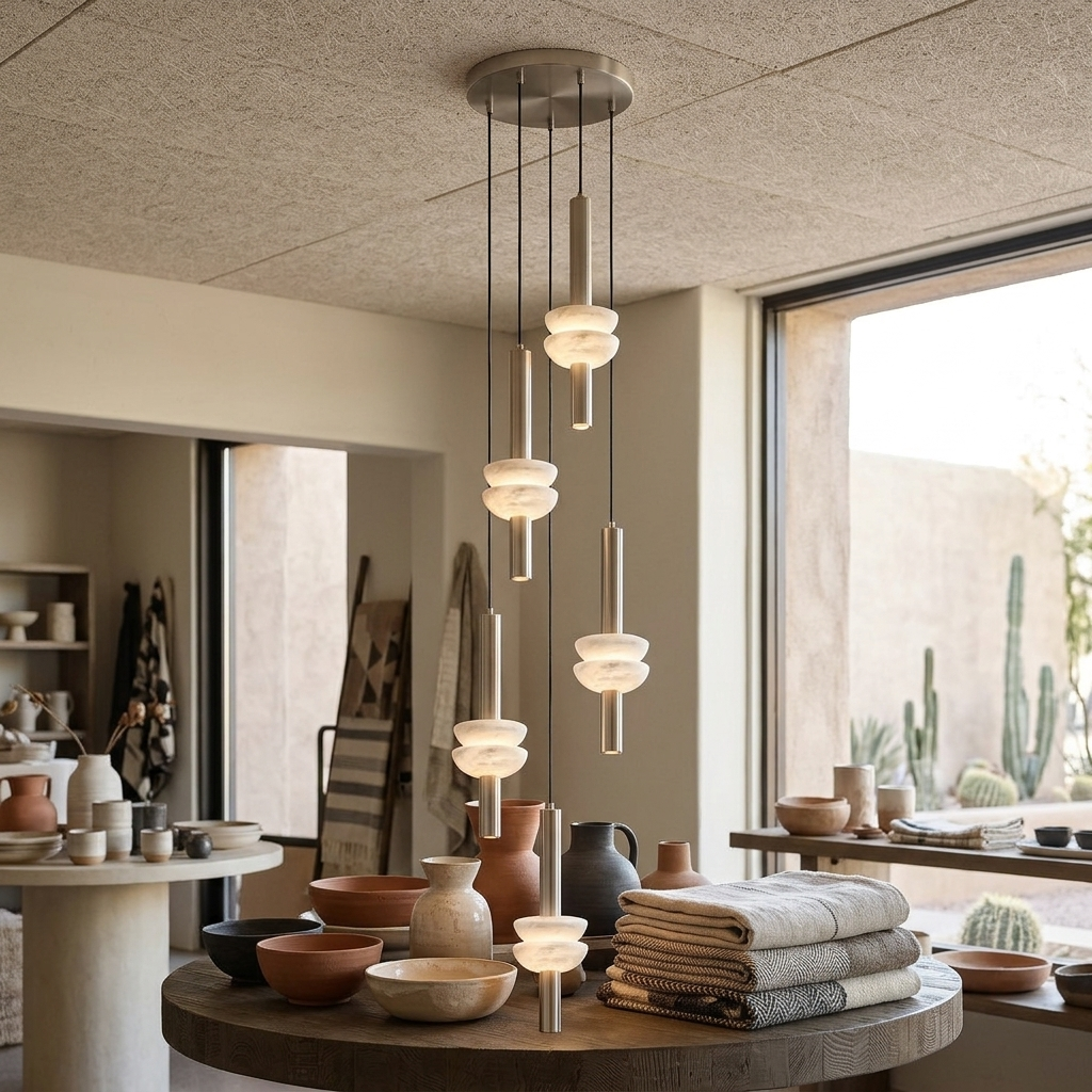 Brontee 5-head alabaster cluster pendant in nickel in a Scottsdale home decor store