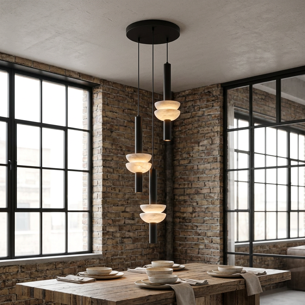 Brontee 3-head alabaster cluster pendant in black over a Detroit loft dining table
