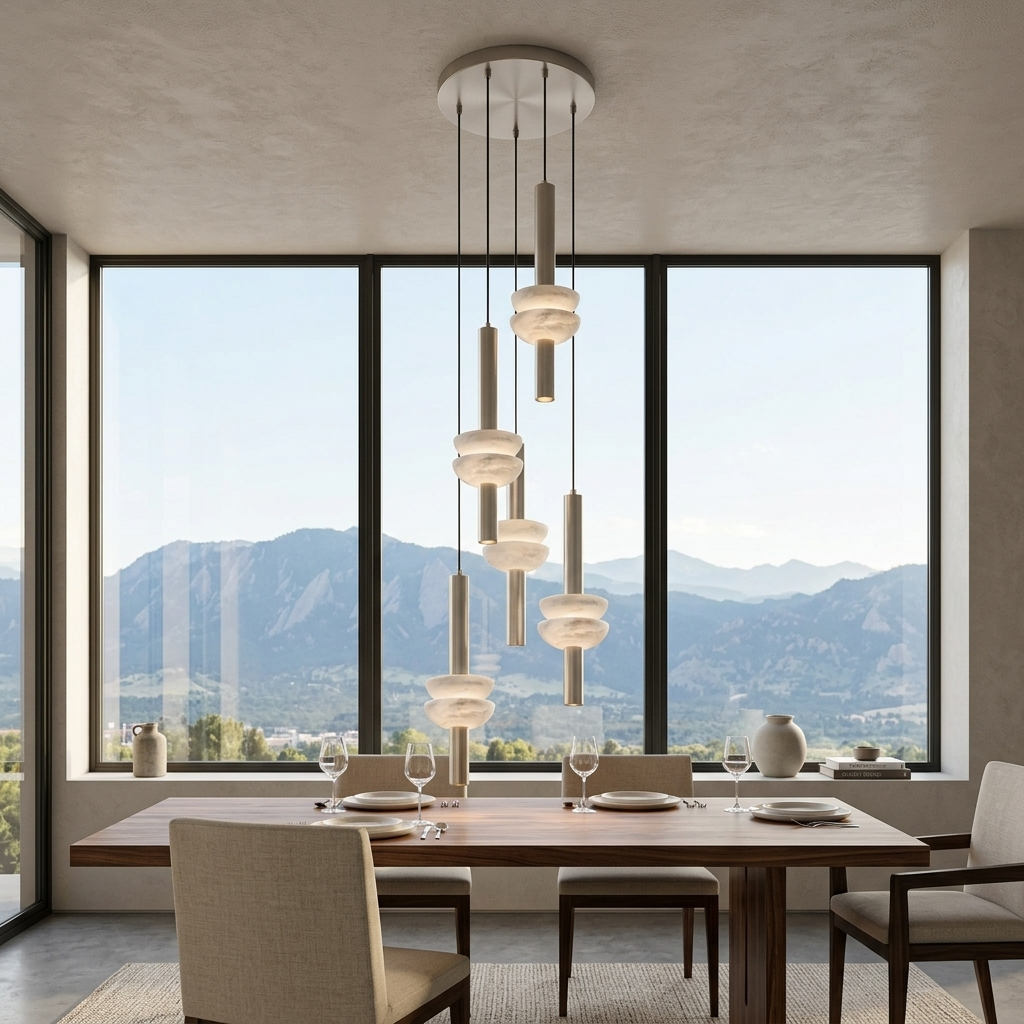 Brontee 5-head alabaster cluster pendant in nickel over a Denver home dining table