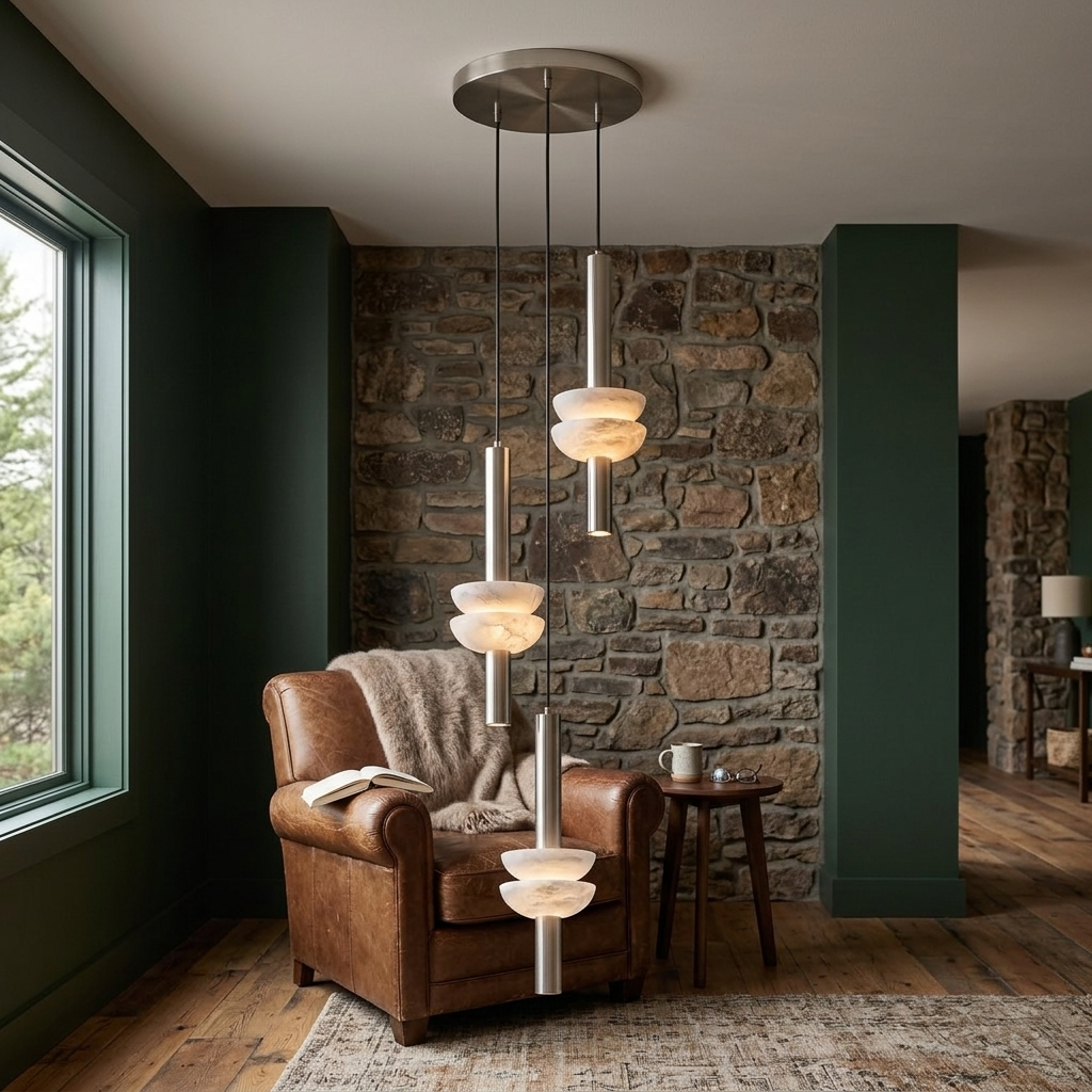 Brontee 3-head alabaster cluster pendant in nickel in an Asheville hotel lobby reading corner