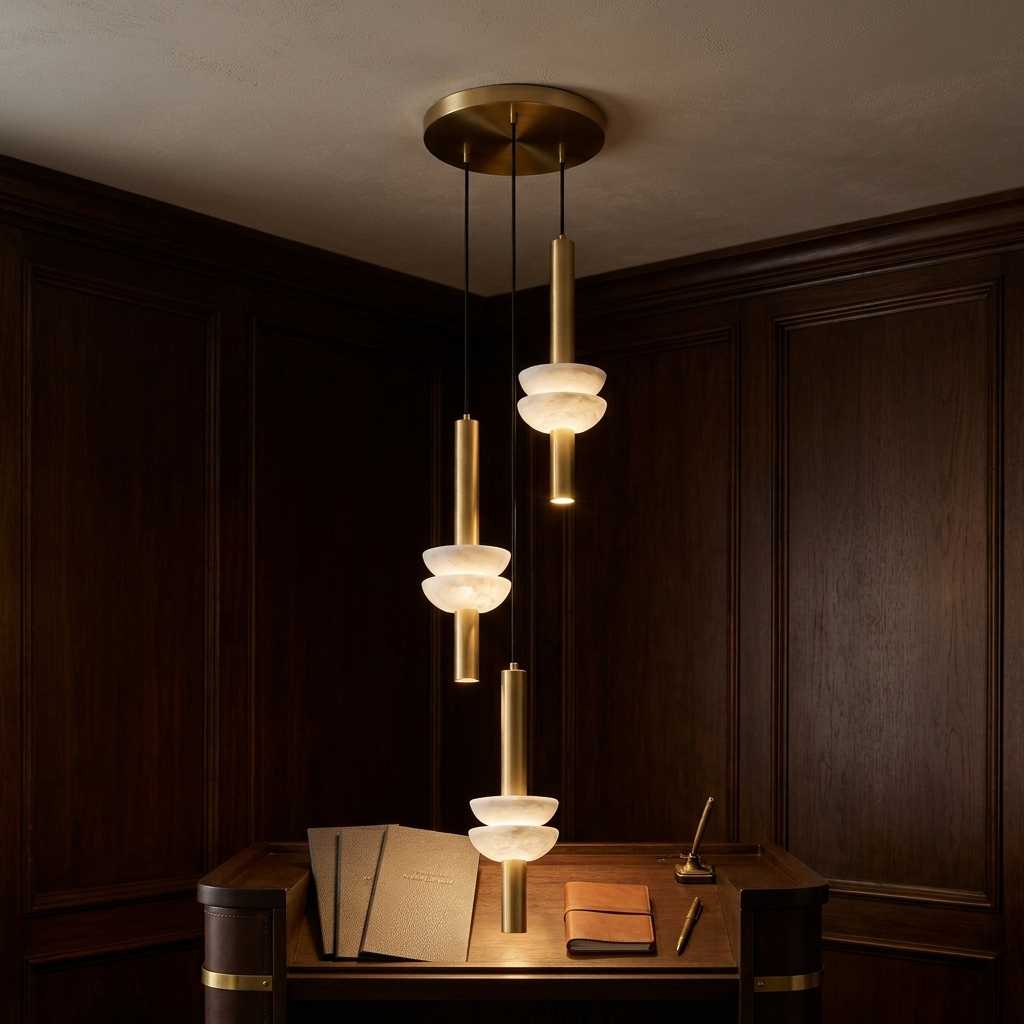 Brontee 3-head alabaster cluster pendant in gold above a New Orleans restaurant host stand
