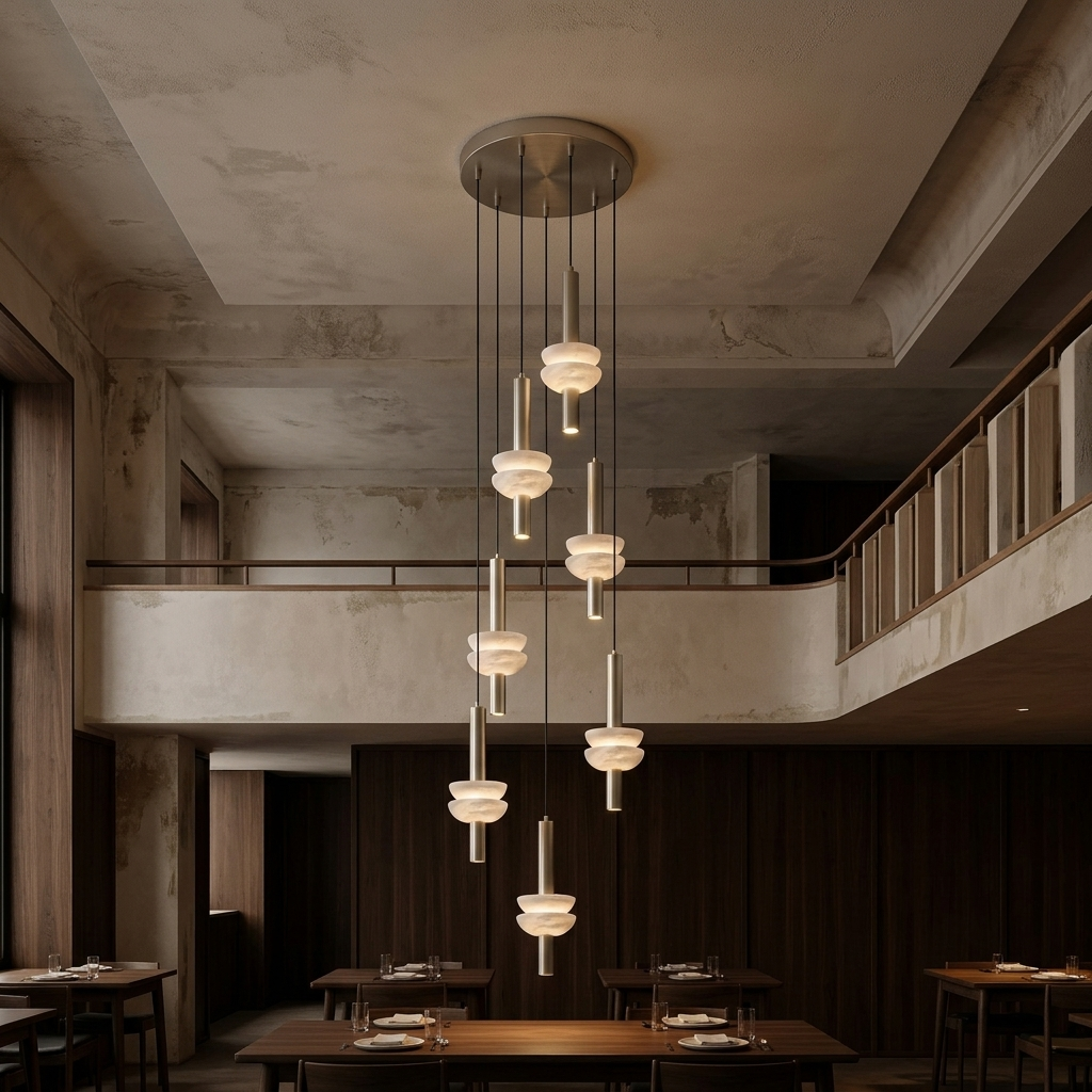 Brontee 7-head alabaster cluster pendant in nickel in a San Francisco restaurant