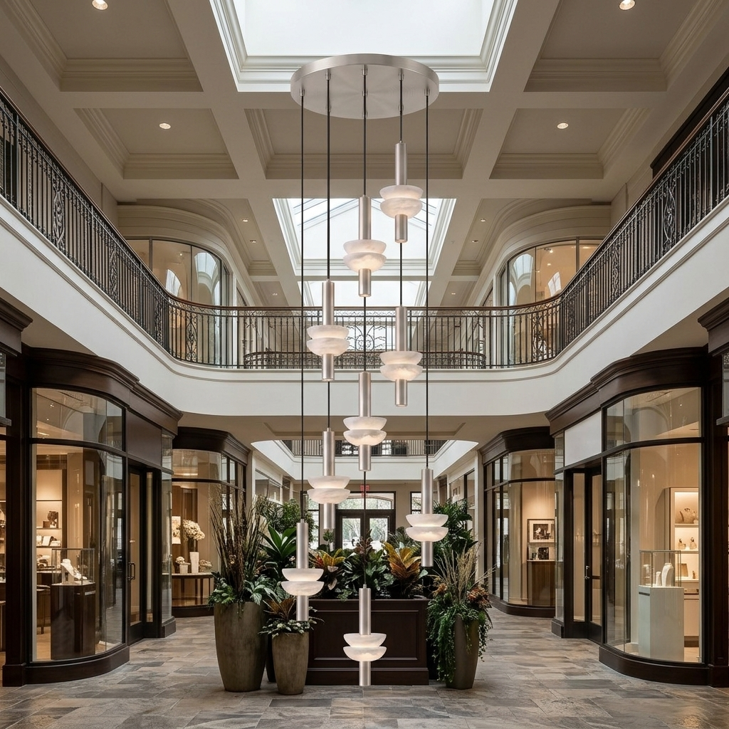 Brontee 9-head alabaster cluster pendant in nickel in a Nashville shopping center atrium