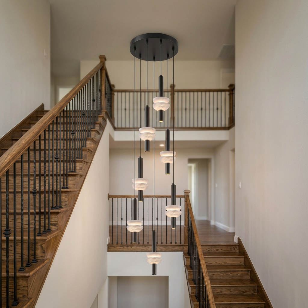 Brontee 7-head alabaster cluster pendant in black in a Dallas home open staircase