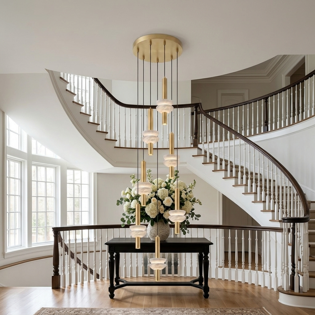 Brontee 7-head alabaster cluster pendant in gold in an Atlanta home foyer