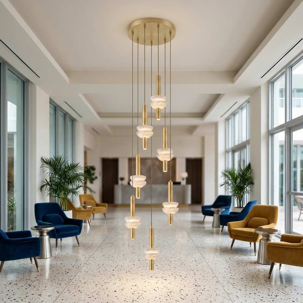 Brontee 7-head alabaster cluster pendant in gold in a Miami hotel lobby