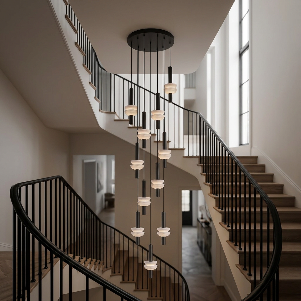 Brontee 11-head alabaster cluster pendant in black in a New York City townhouse stairwell