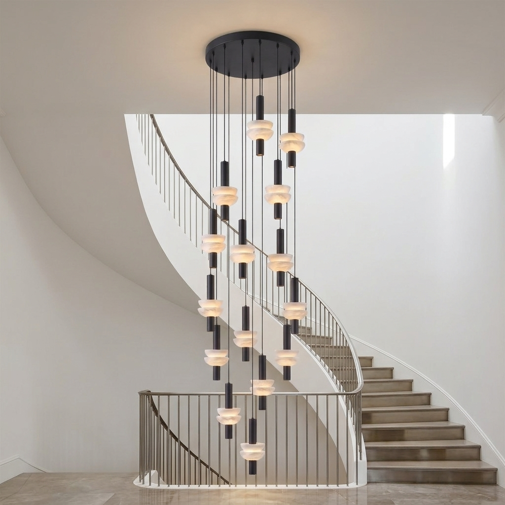 Brontee 15-head alabaster cluster pendant in black in a Beverly Hills home stairwell