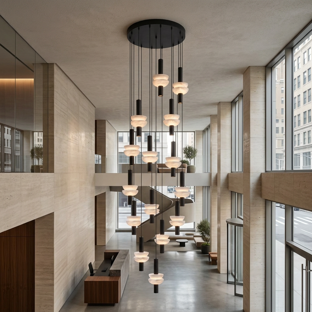 Brontee 15-head alabaster cluster pendant in black in a New York City office lobby