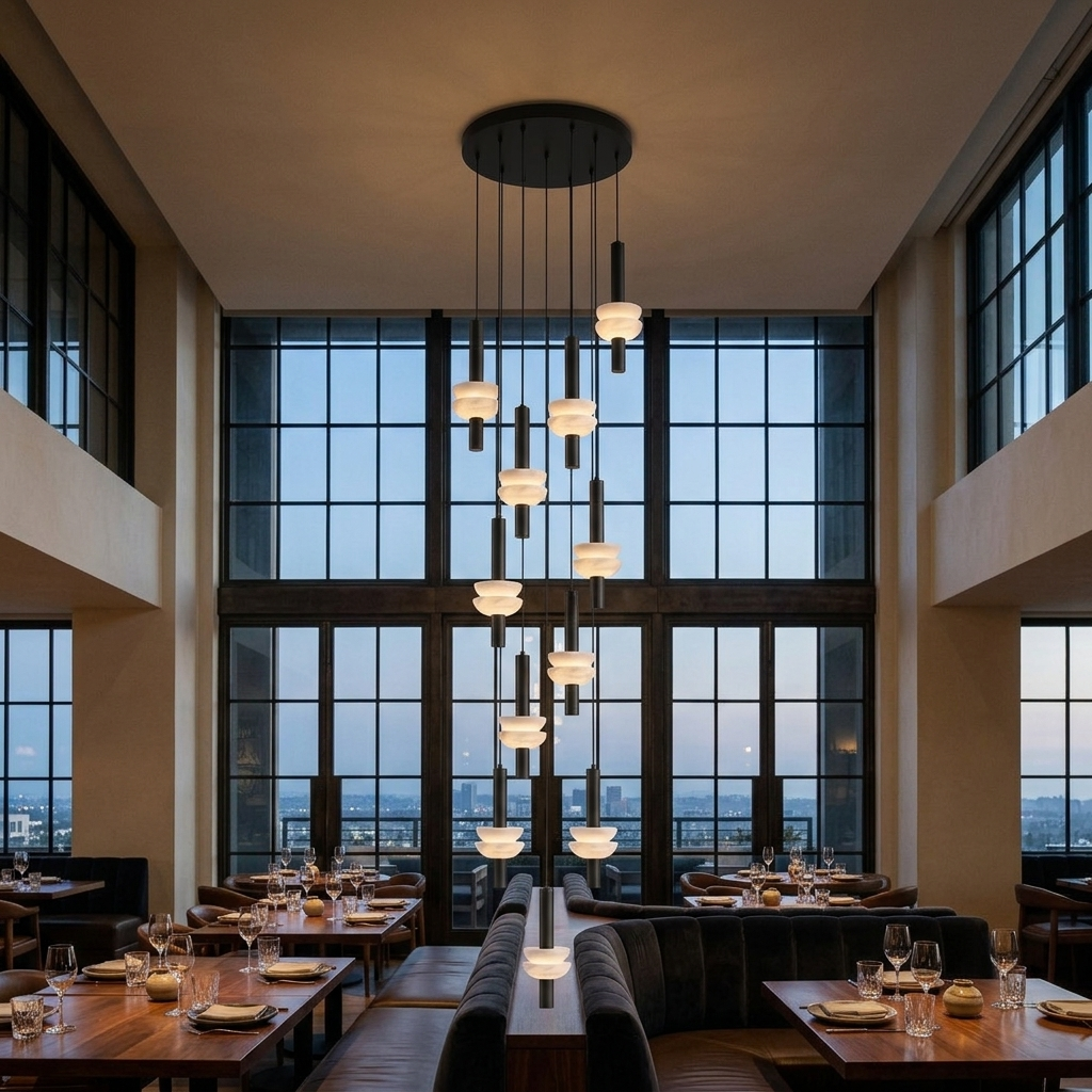 Brontee 11-head alabaster cluster pendant in black in a Los Angeles restaurant