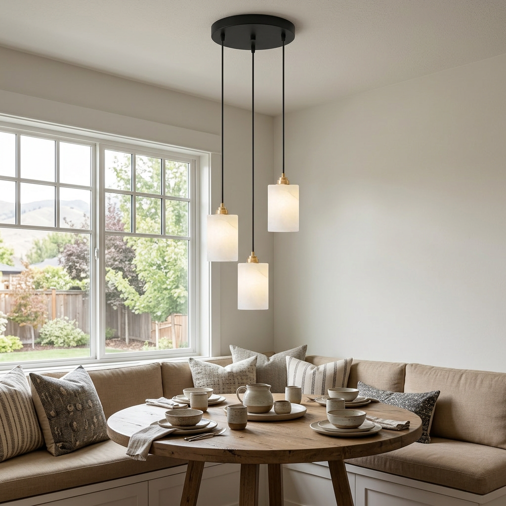 Carmeline Alabaster Cylinder Staircase Chandelier 3-light over a farmhouse breakfast nook