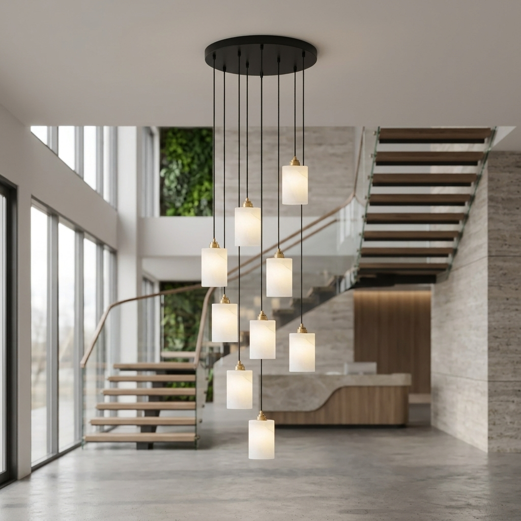 Carmeline Alabaster Cylinder Staircase Chandelier 9-light over a floating staircase in an office lobby