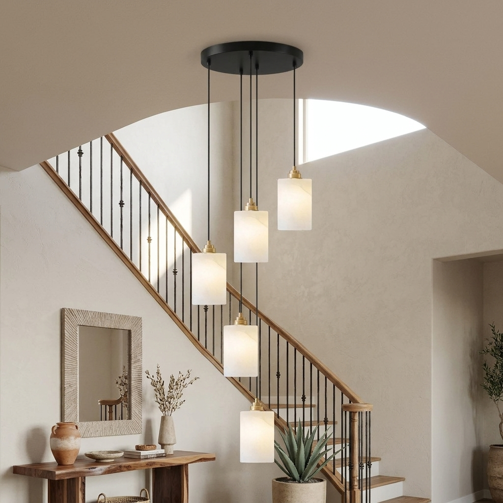 Carmeline Alabaster Cylinder Staircase Chandelier 5-light in a suburban curved-staircase foyer