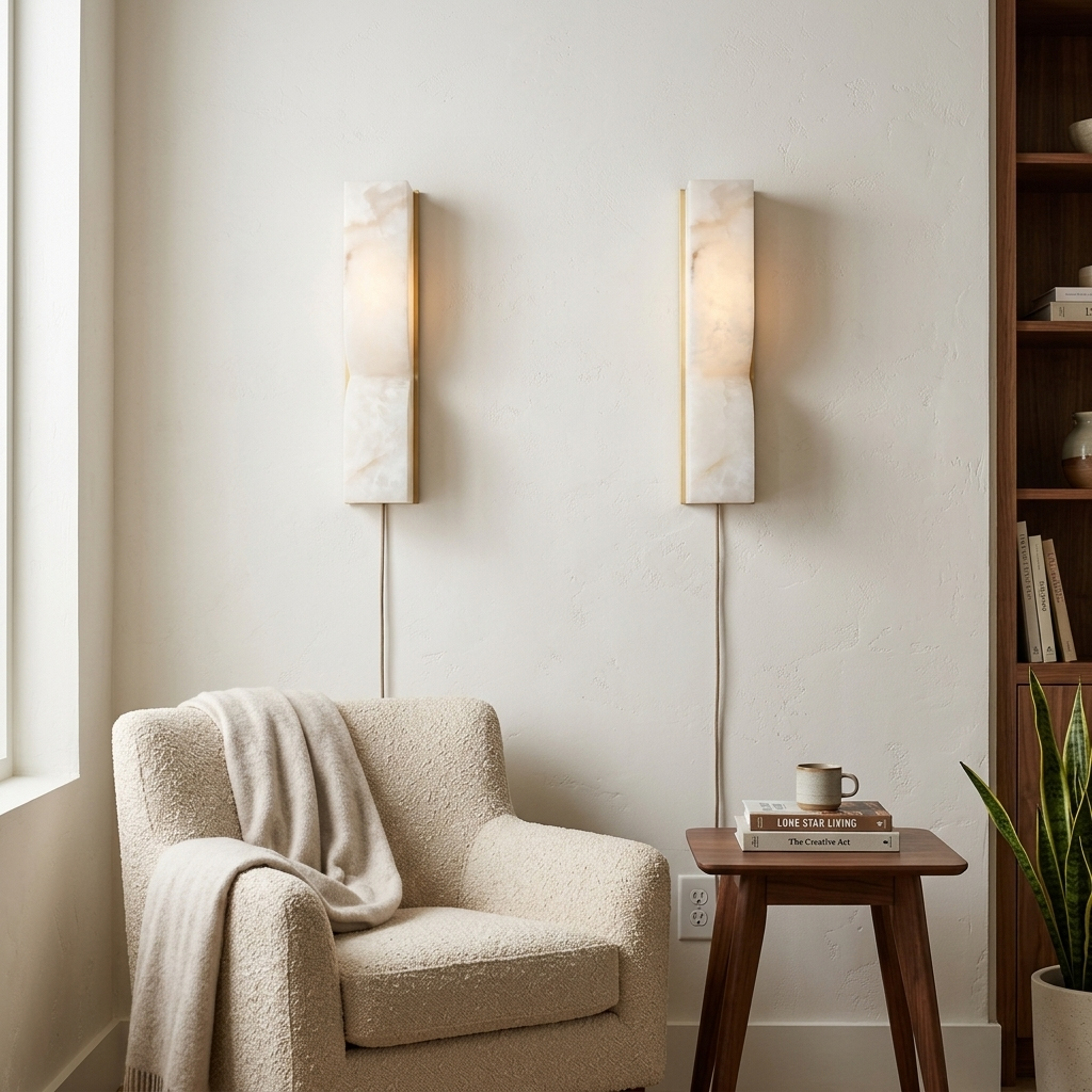 Cerise Carved Alabaster Plug In LED Wall Sconce 13.8 in. in gold pair over a reading chair in a suburban living room