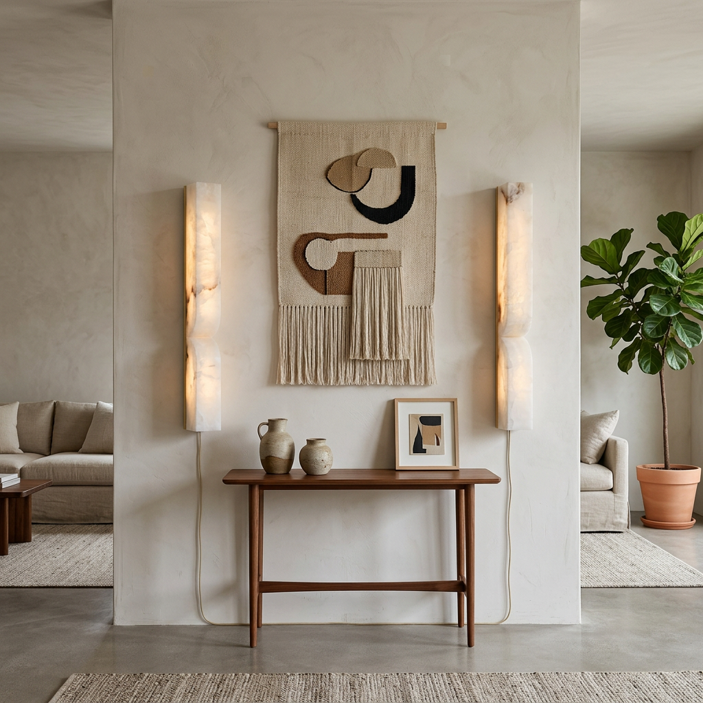 Cerise Carved Alabaster Plug In LED Wall Sconce 23.6 in. in gold flanking an entry console table