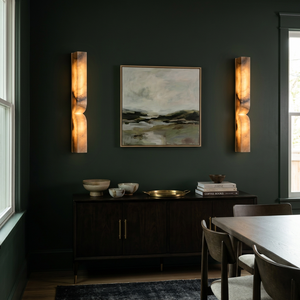 Chantal Solid Carved Alabaster LED Wall Sconce large in gold-brown flanking artwork in a dining room