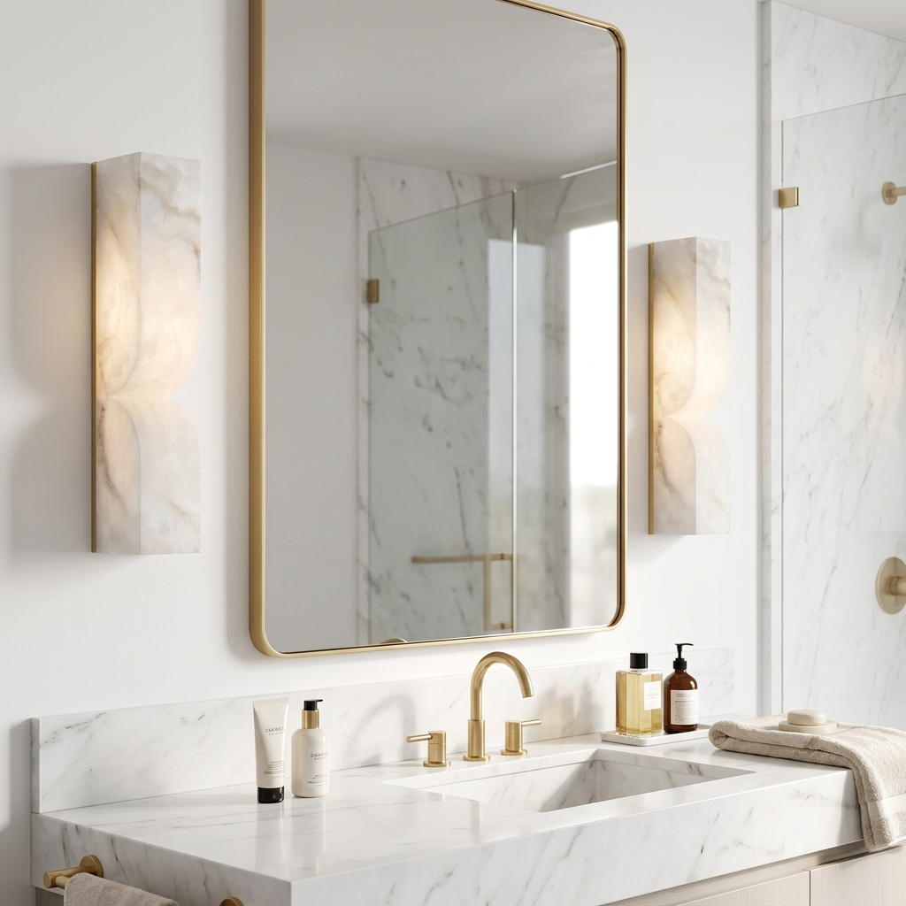 Chantal Solid Carved Alabaster LED Wall Sconce 13.8 in. in gold flanking a bathroom vanity mirror