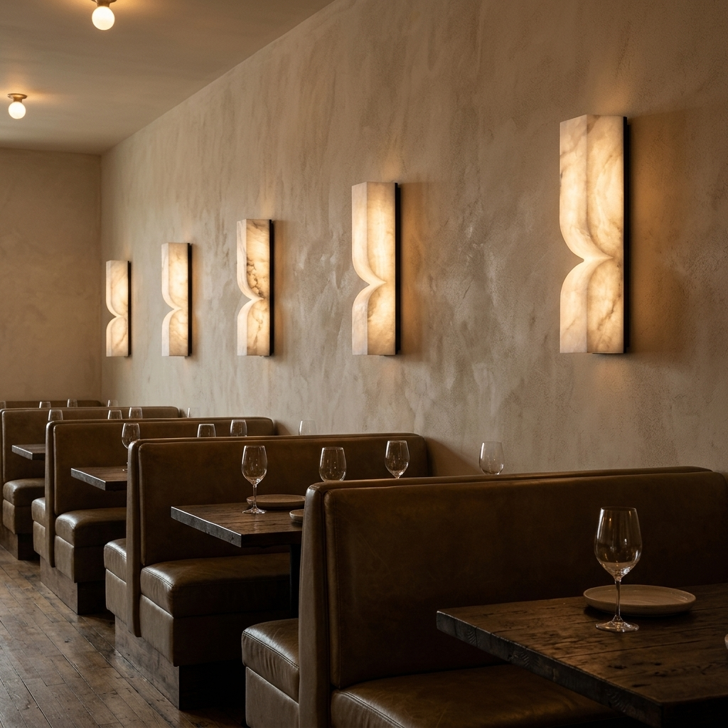 Chantal Solid Carved Alabaster LED Wall Sconce 13.8 in. in black above restaurant booths