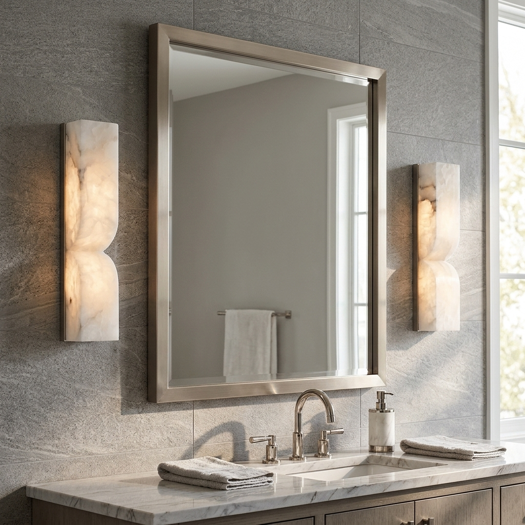 Chantal Solid Carved Alabaster LED Wall Sconce 13.8 in. in nickel flanking a bathroom mirror