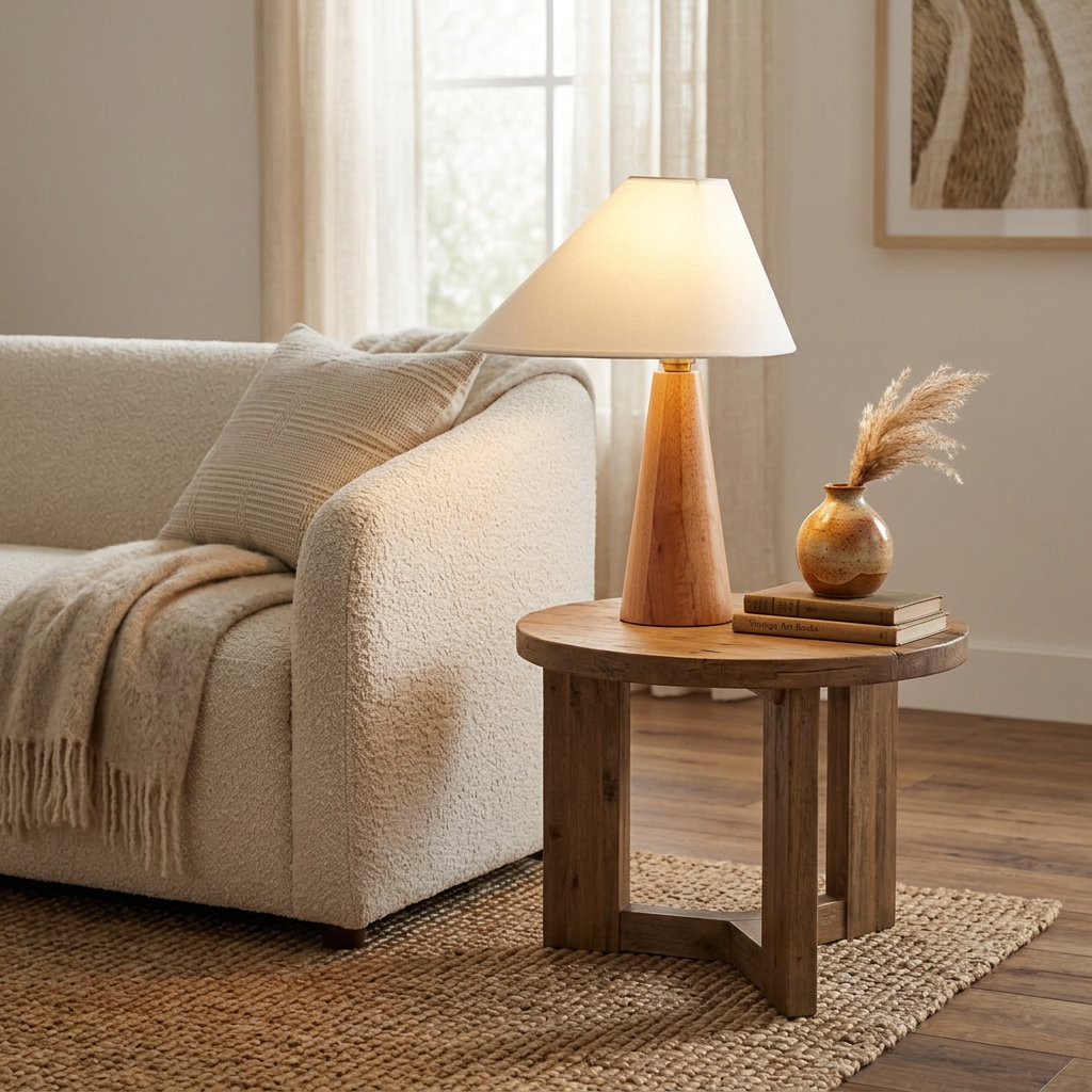 Ysolde Organic Wood Base Linen Table Lamp on a living room side table