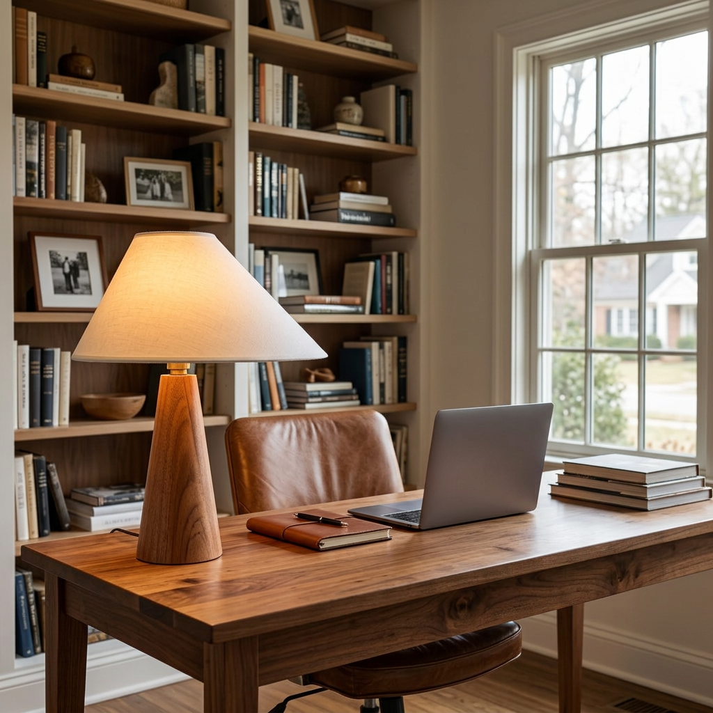 Ysolde Organic Wood Base Linen Table Lamp on a home office desk