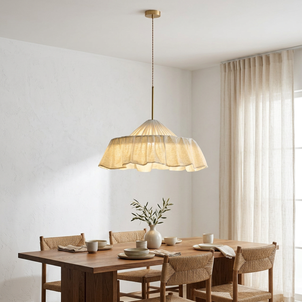Xaviere Pleated Linen Fabric Pendant Light 19.7″ in a Californian dining room