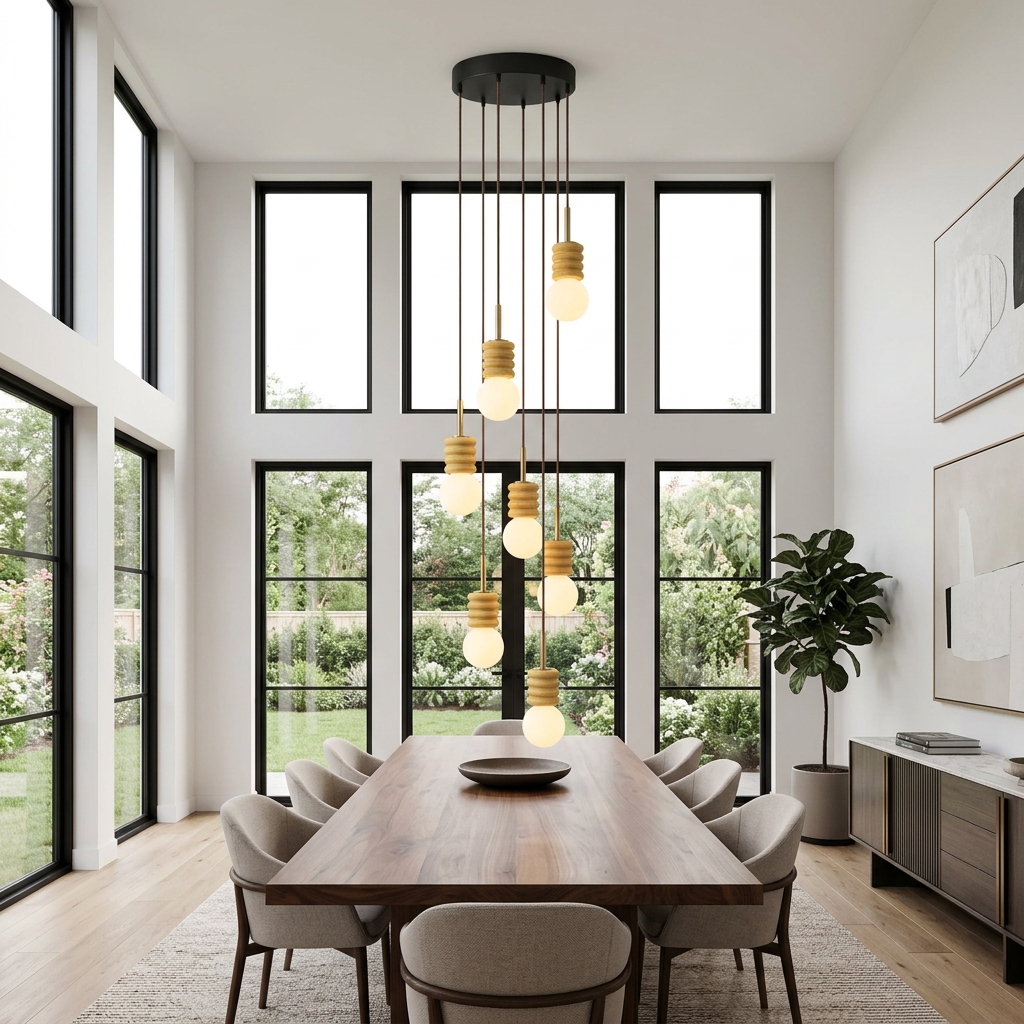 Violaine Yellow Travertine Ribbed Pendant Light 7 Lights in a double-height dining room