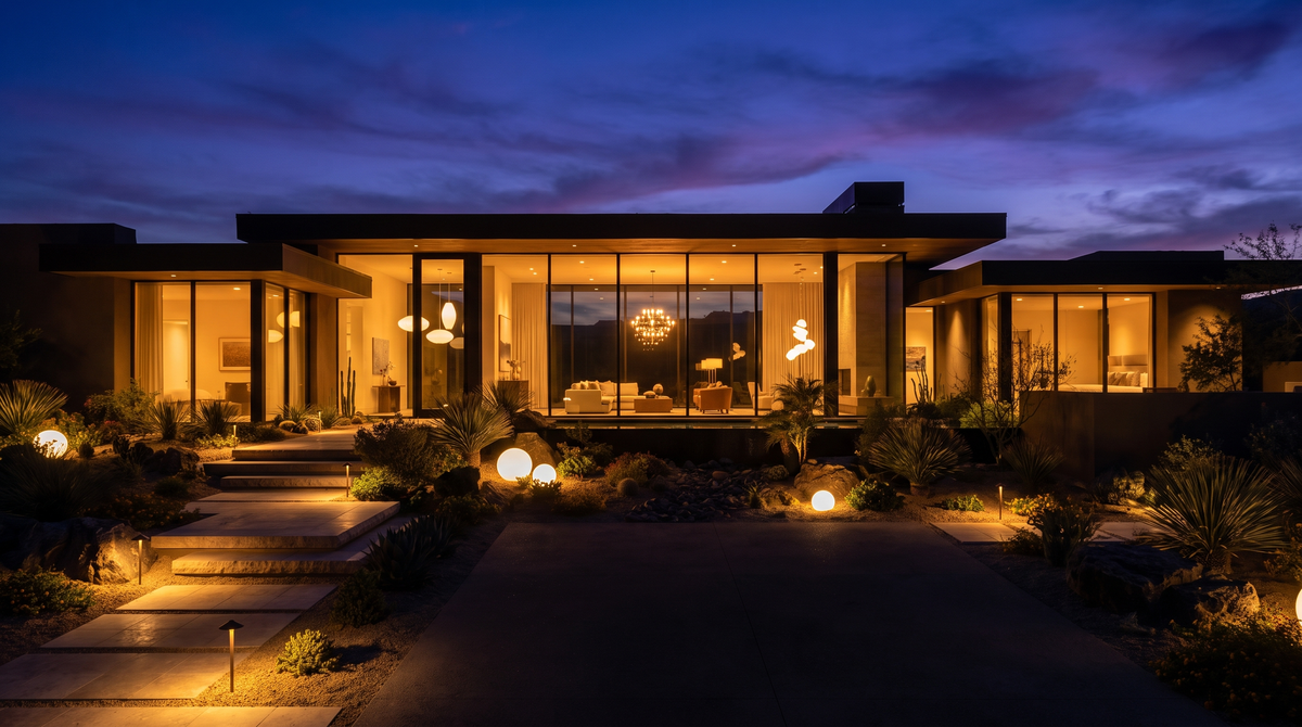 Labor Day Sale - modern home at dusk glowing with Maison Ellare lighting
