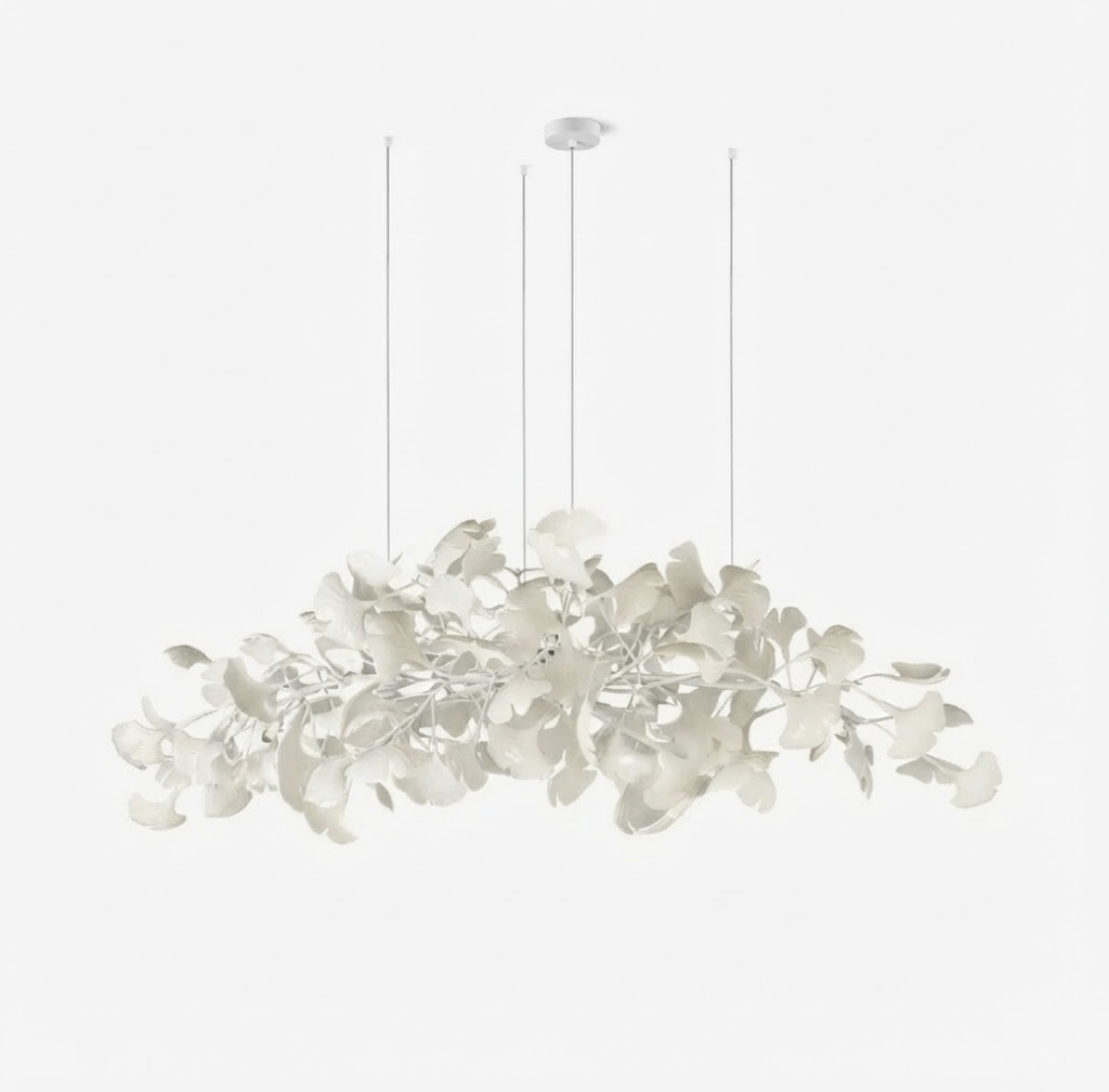 Icho Porcelain Ginkgo Leaf Linear Brass Chandelier
