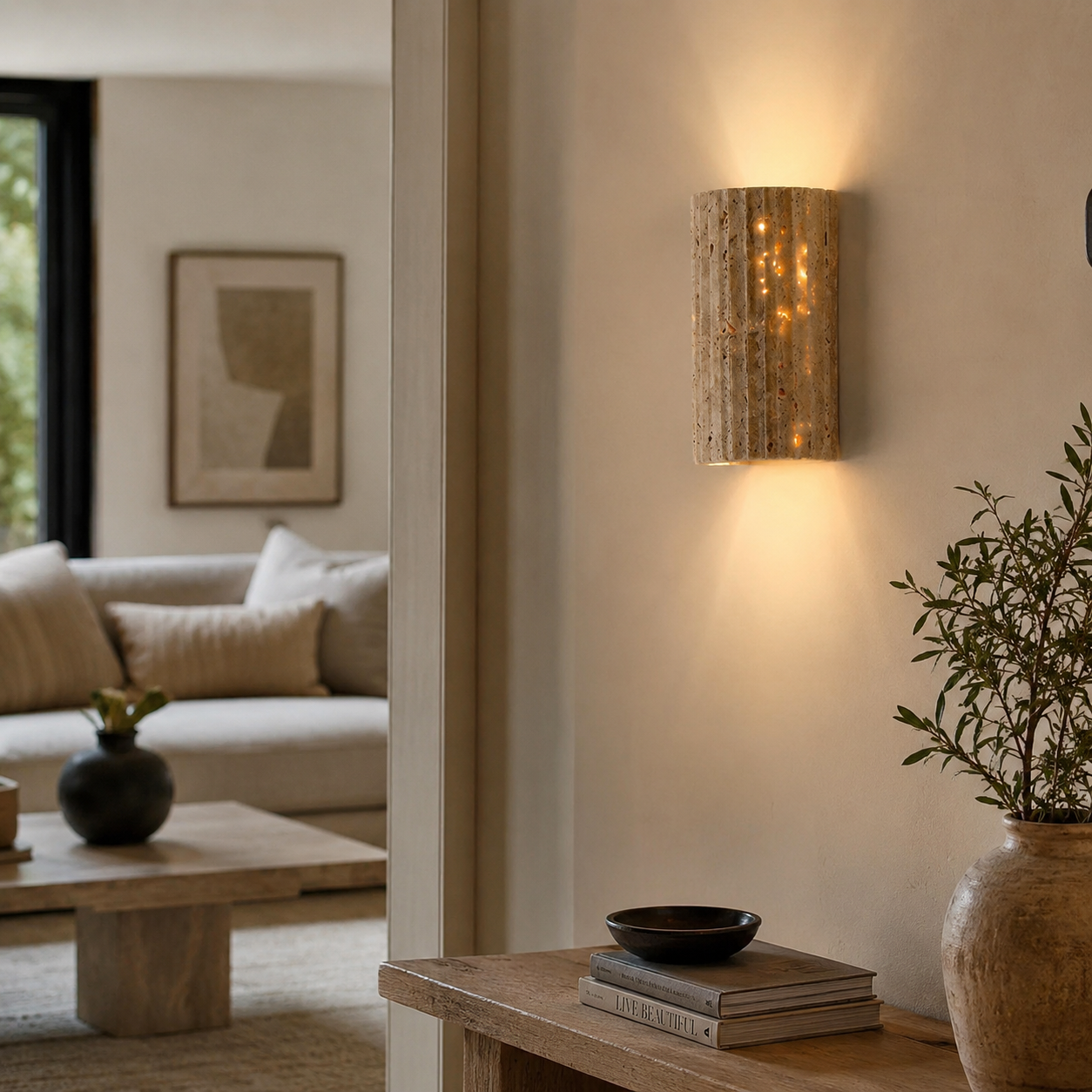 Satori Travertine Half Moon Wall Sconce