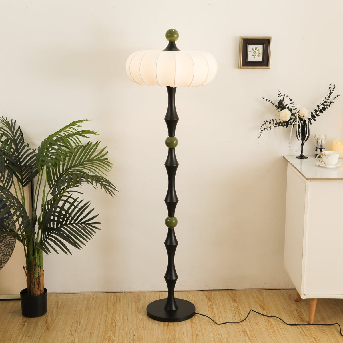 Saffi Turned Wood Silk Shade Floor Lamp
