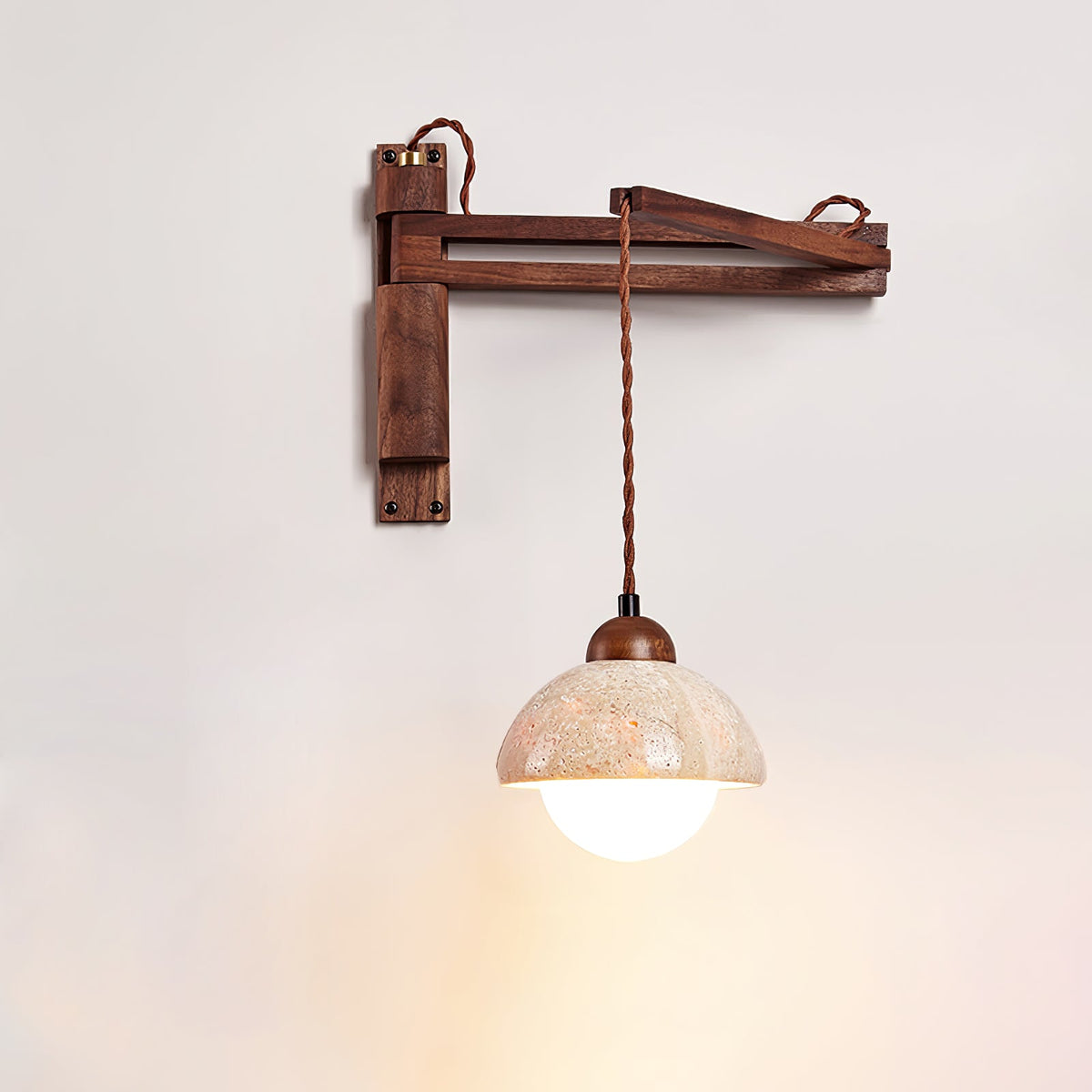 Sedona Travertine Dome Walnut Arm Wall Sconce