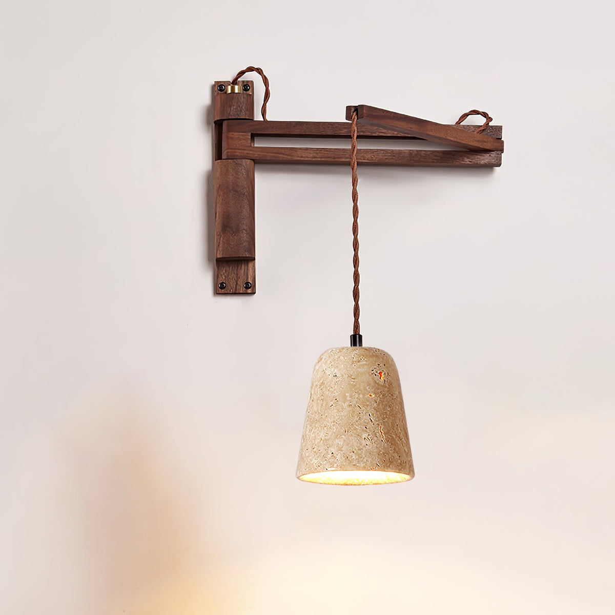 Sedona Travertine Dome Walnut Arm Wall Sconce