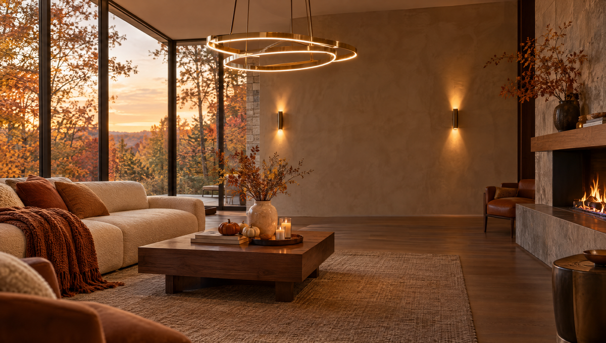 Modern living room with a glowing brass ring chandelier and autumn trees outside the windows