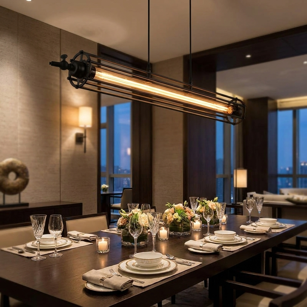 Cadence tube pendant horizontal over dining table