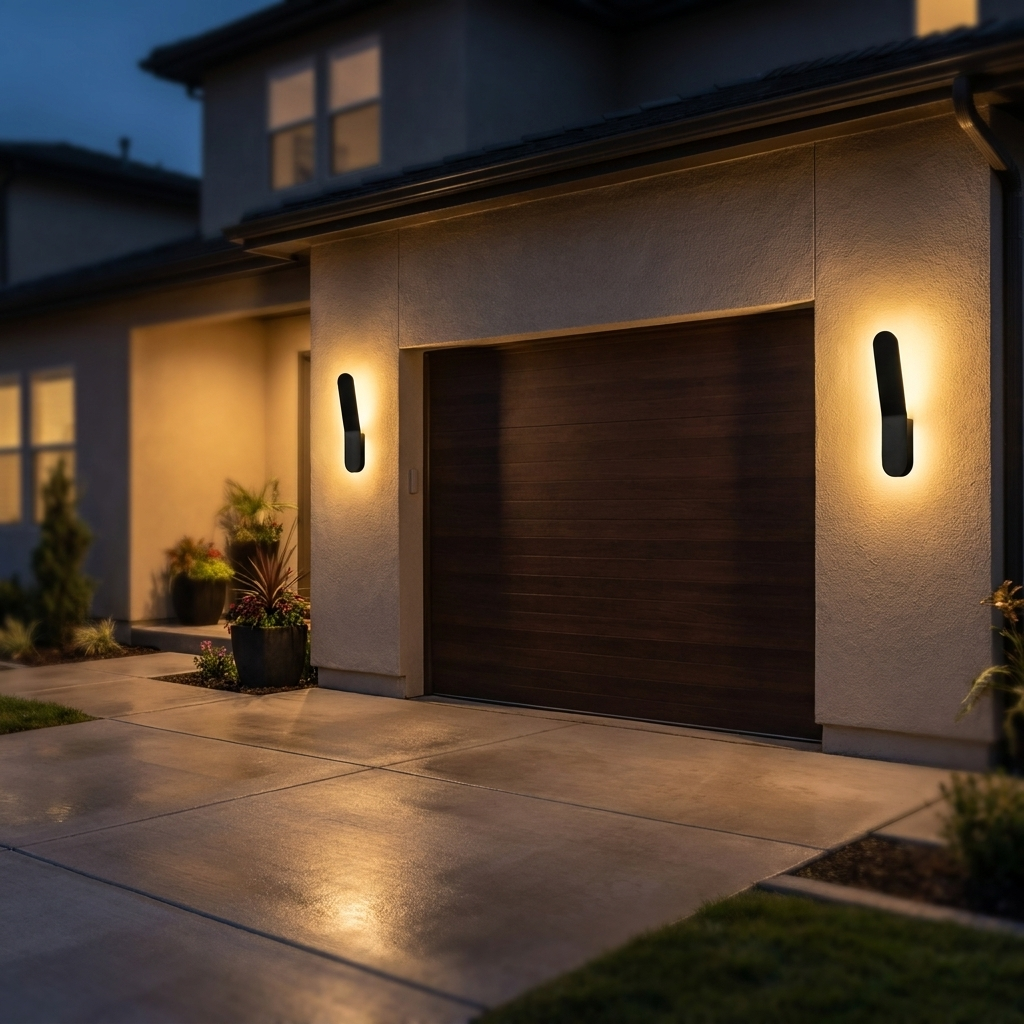 Pair of Halo backlit sconces flanking garage door at night
