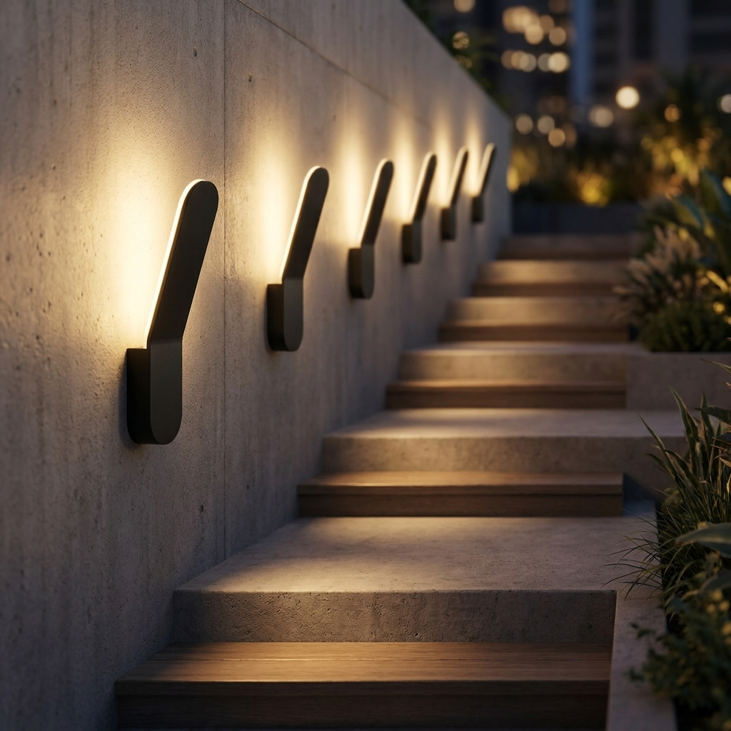 Row of Halo backlit sconces along exterior staircase wall