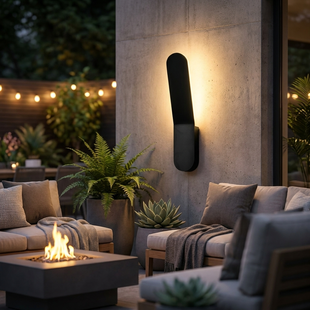 Halo backlit sconce on backyard patio accent wall at night