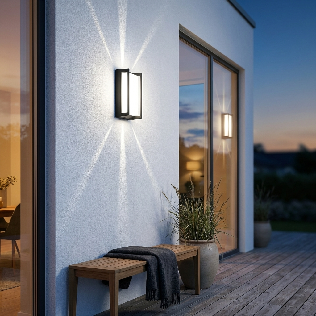 Étage wall light on white stucco wall at twilight