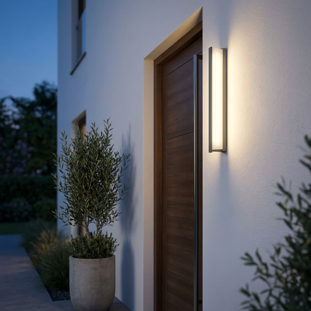 Ligne light vertical beside modern front door at twilight