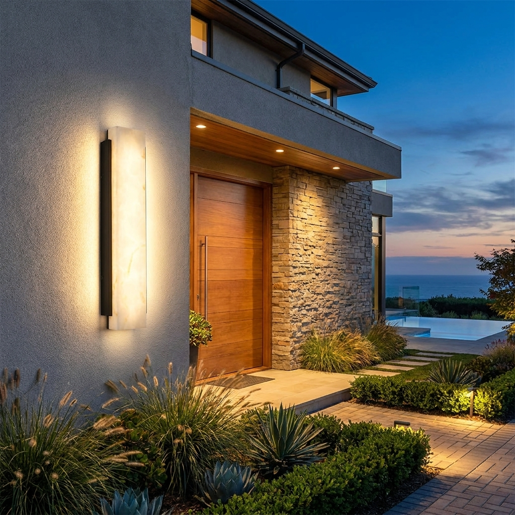 Onyx Outdoor LED Wall Light mounted beside a modern villa front entrance at dusk
