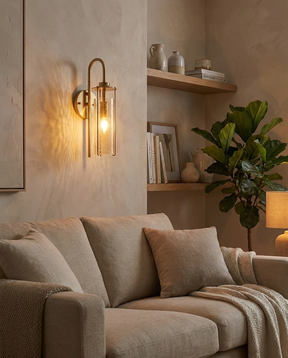 Ember Copper Cracked Glass Wall Sconce in living room