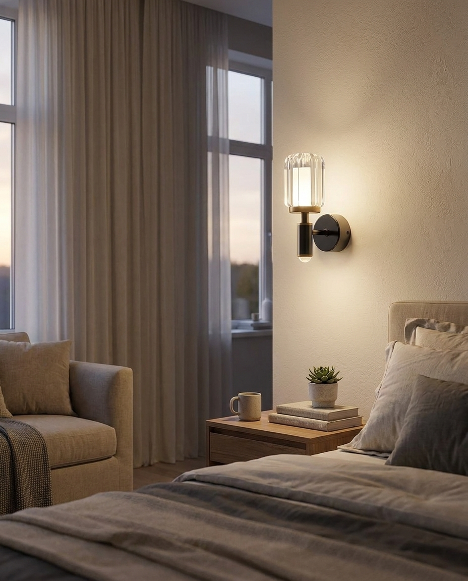 Prism Clear Acrylic Wall Sconce in bedroom