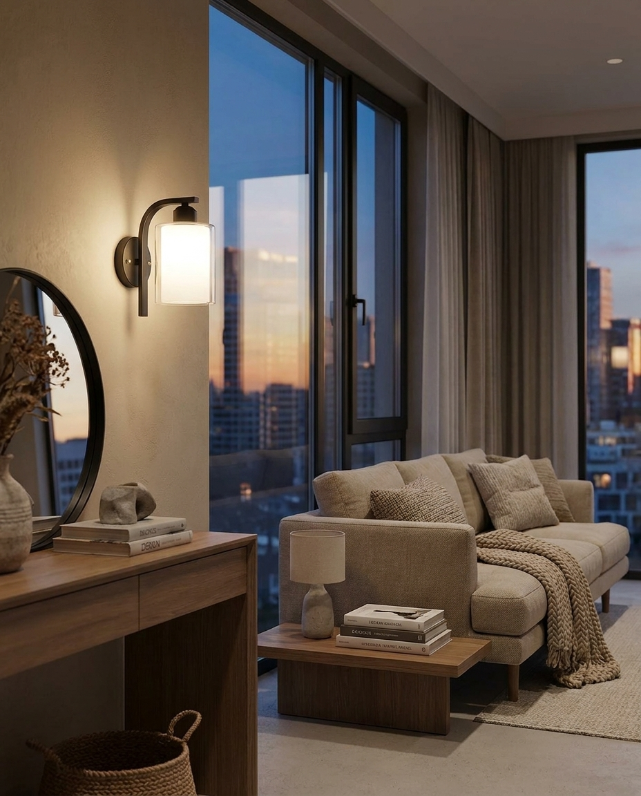 Pillar Black Cylindrical Glass Wall Sconce in living room