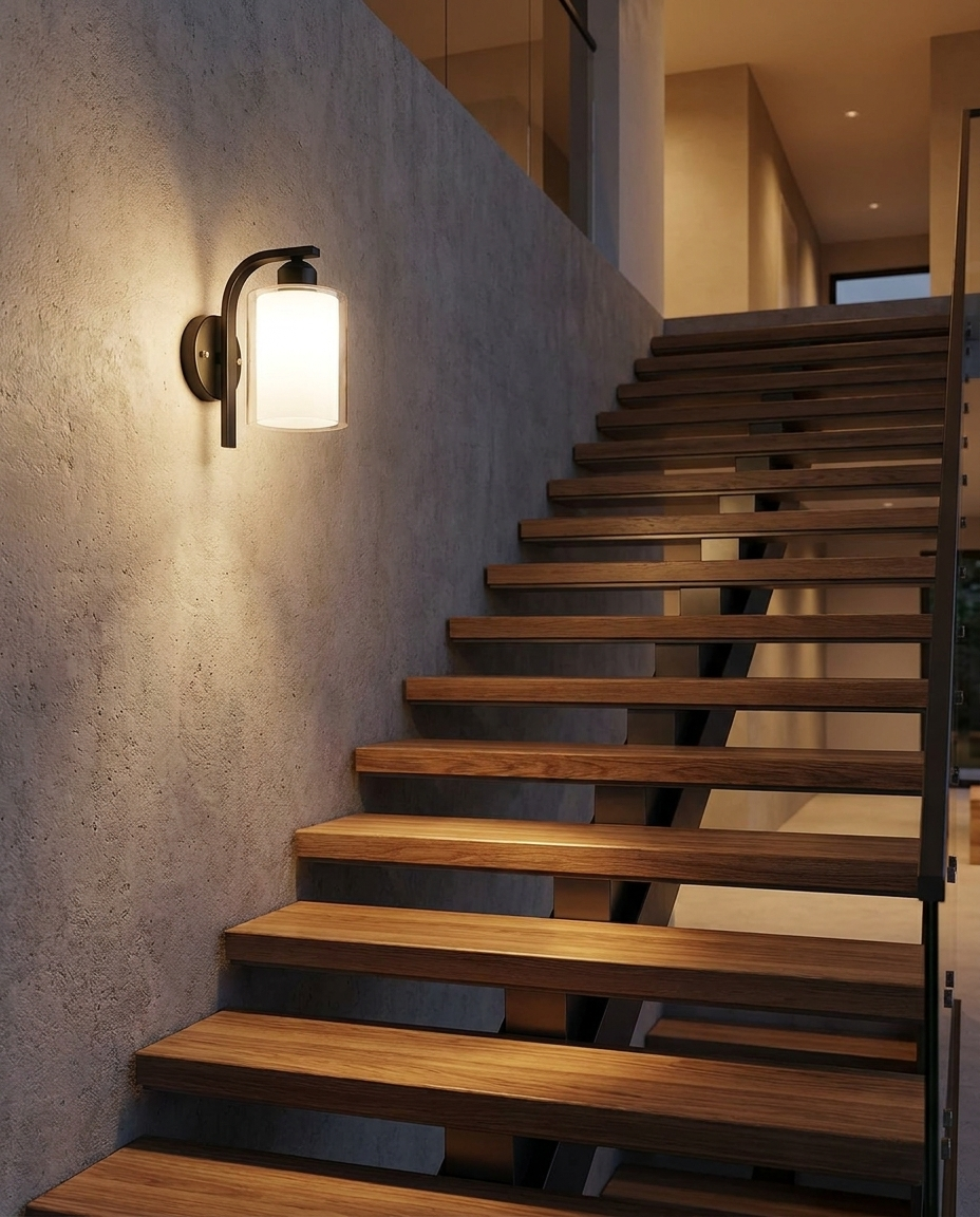 Pillar Black Cylindrical Glass Wall Sconce on staircase