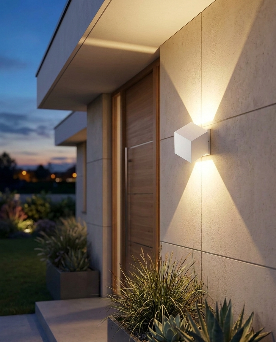 Vertex Geometric LED Outdoor Wall Sconce White on facade