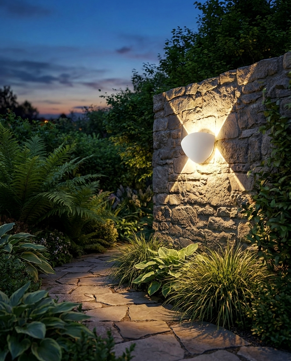 Vertex Geometric LED Outdoor Wall Sconce White on garden wall