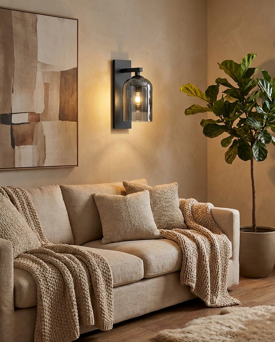 Halo Double Layer Glass Wall Sconce Smoke Gray in living room