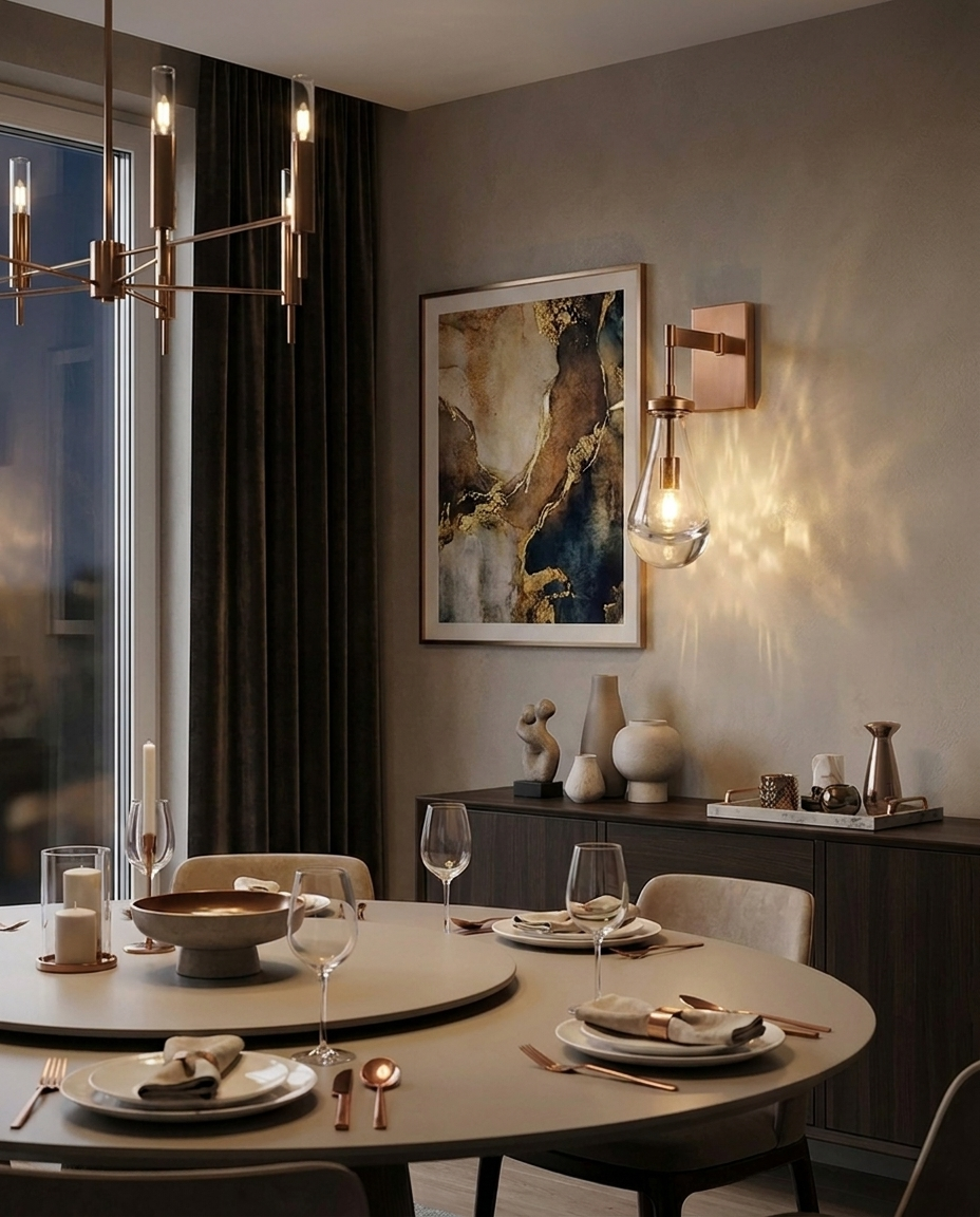 Cascade Crystal Water Drop Wall Sconce Copper in dining room