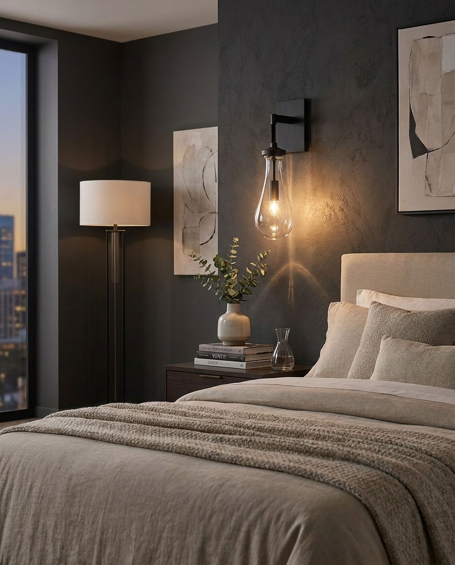 Cascade Crystal Water Drop Wall Sconce Black in bedroom